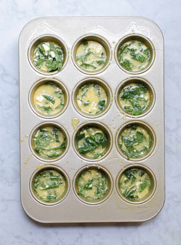 spinach and feta egg cups easy, Spoon into the muffin tins