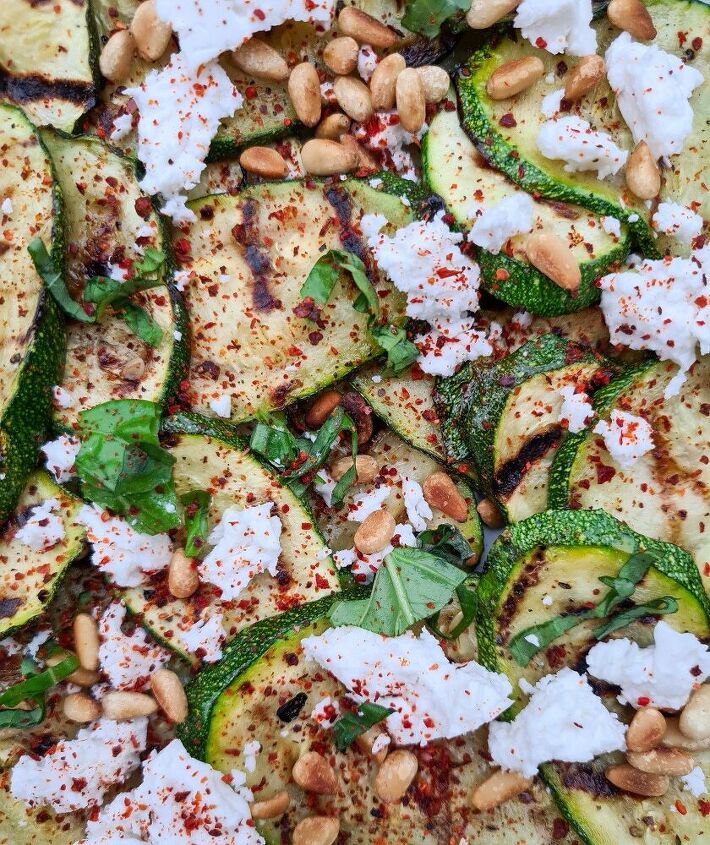 griddled courgettes with goats cheese basil and toasted pinenuts