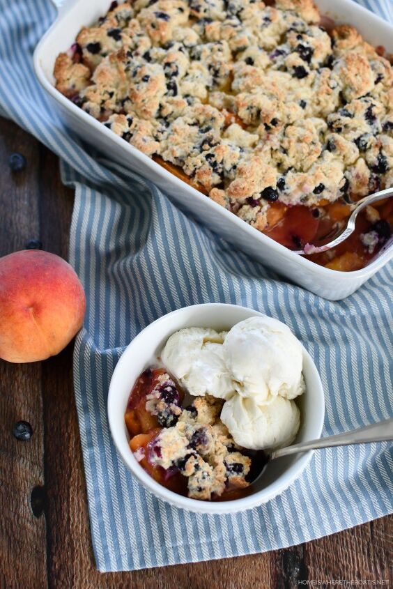 peach cobbler with blueberry drop biscuit topping