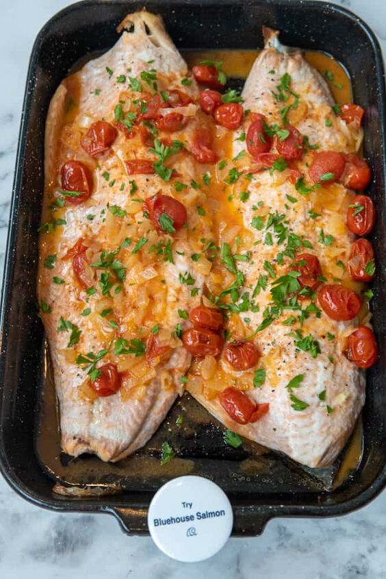 white wine salmon with blistered tomatoes