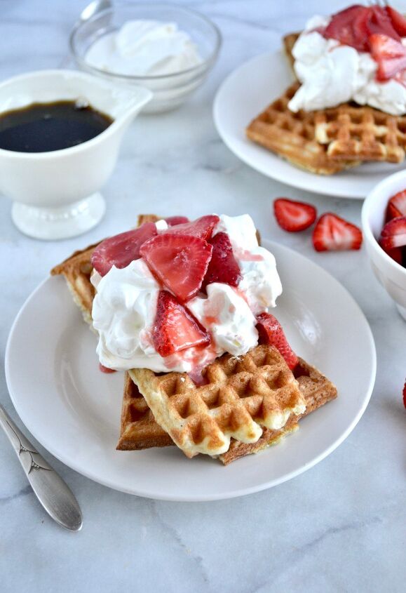 sourdough waffles with maple glazed strawberries