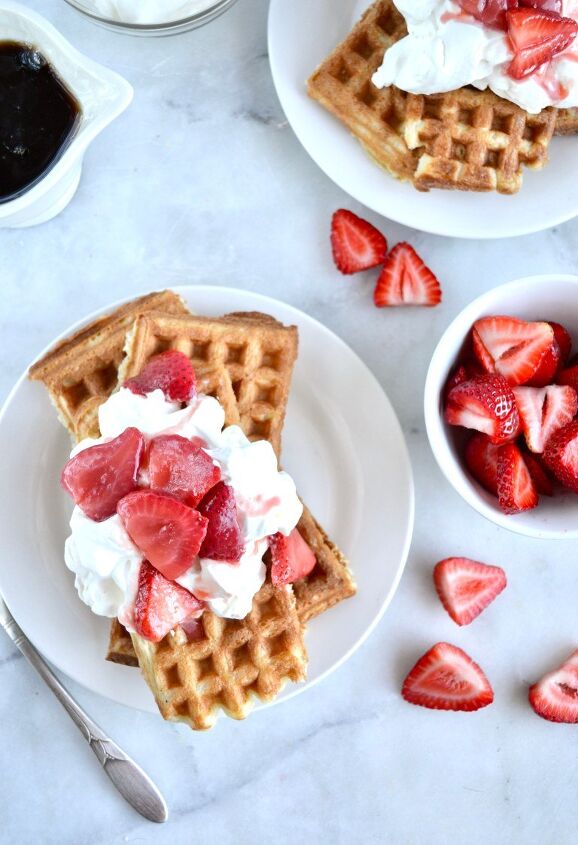 sourdough waffles with maple glazed strawberries