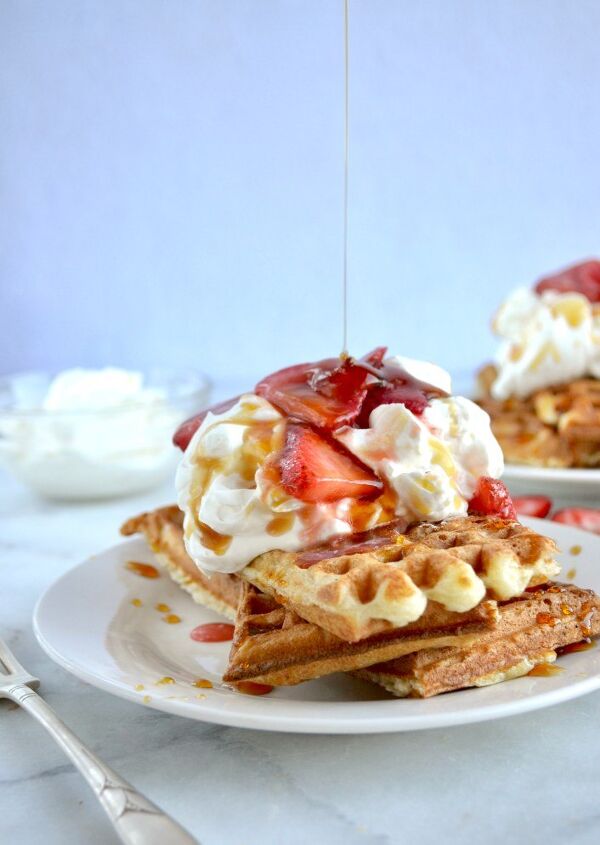 sourdough waffles with maple glazed strawberries