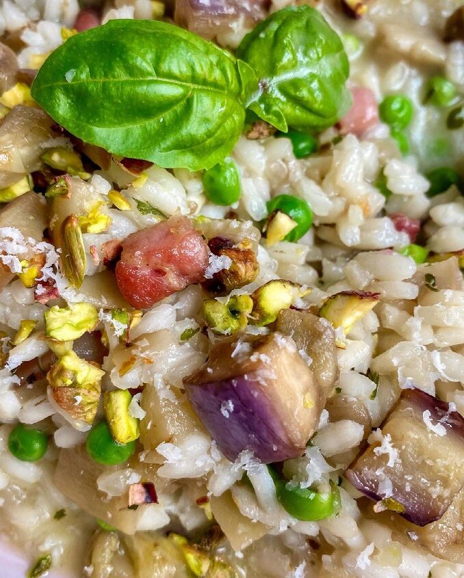 aubergine peas pancetta risotto
