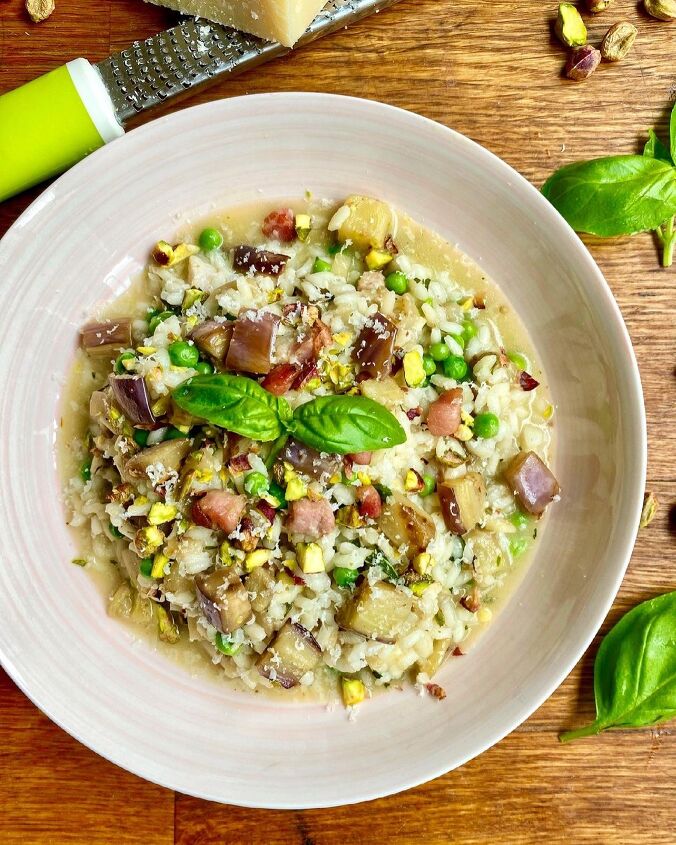 aubergine peas pancetta risotto