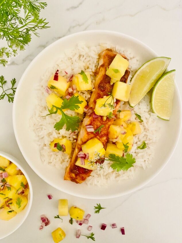 30 minute pineapple soy glazed salmon with coconut rice