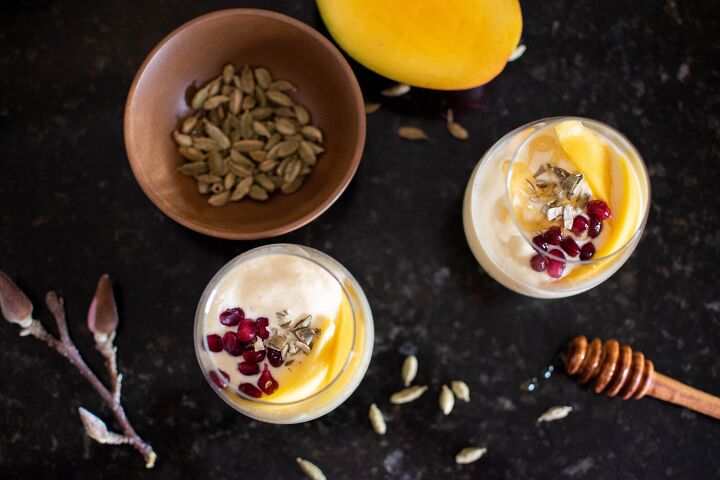 mango lassi with pistachios and pomegranate