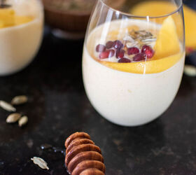 mango lassi with pistachios and pomegranate