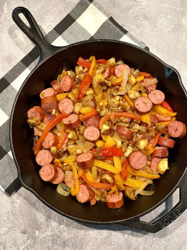 simple sausage skillet with onions peppers and potatoes happy hone
