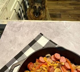 simple sausage skillet with onions peppers and potatoes happy hone, Behind the scenes look at Donnie helping me take photos