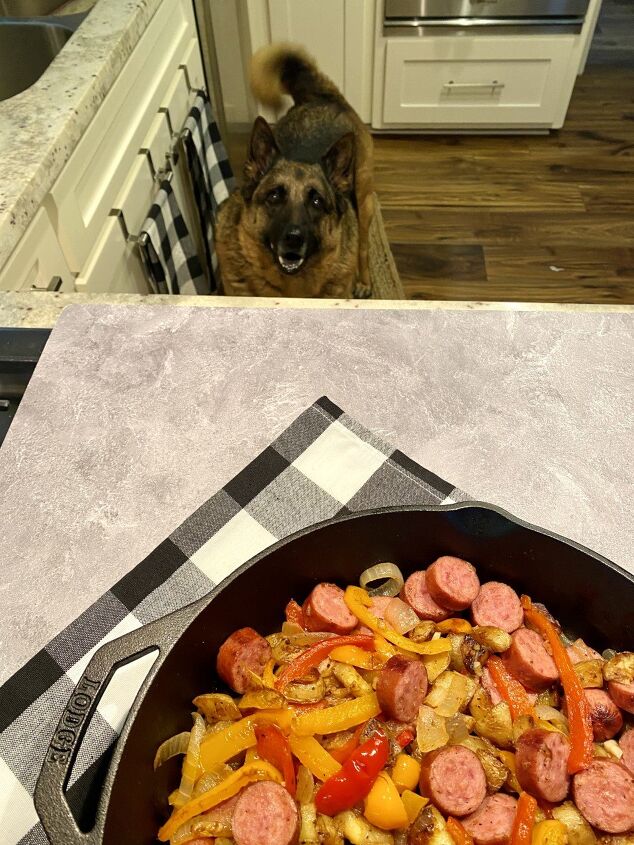 simple sausage skillet with onions peppers and potatoes happy hone, Behind the scenes look at Donnie helping me take photos