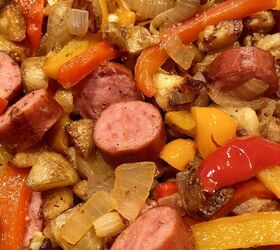 simple sausage skillet with onions peppers and potatoes happy hone, Close up of the finished meal Yum I can taste it now