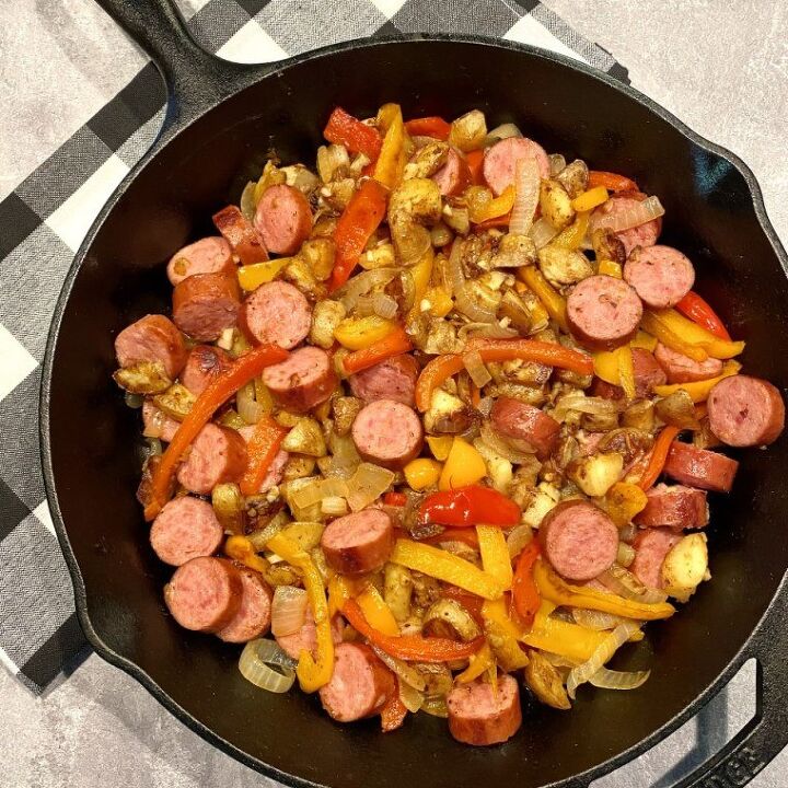 simple sausage skillet with onions peppers and potatoes happy hone