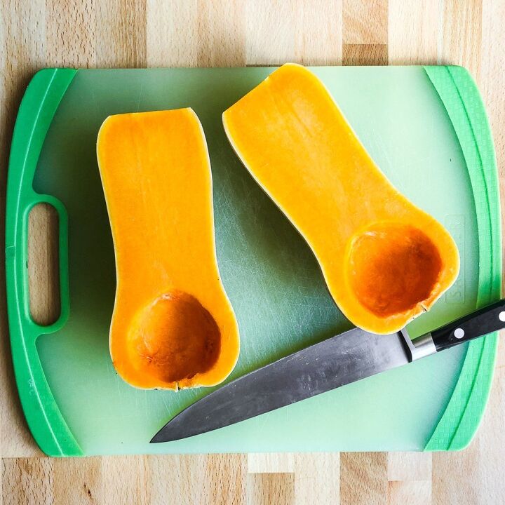 mashed butternut squash, Cut the squash in half and remove the seeds