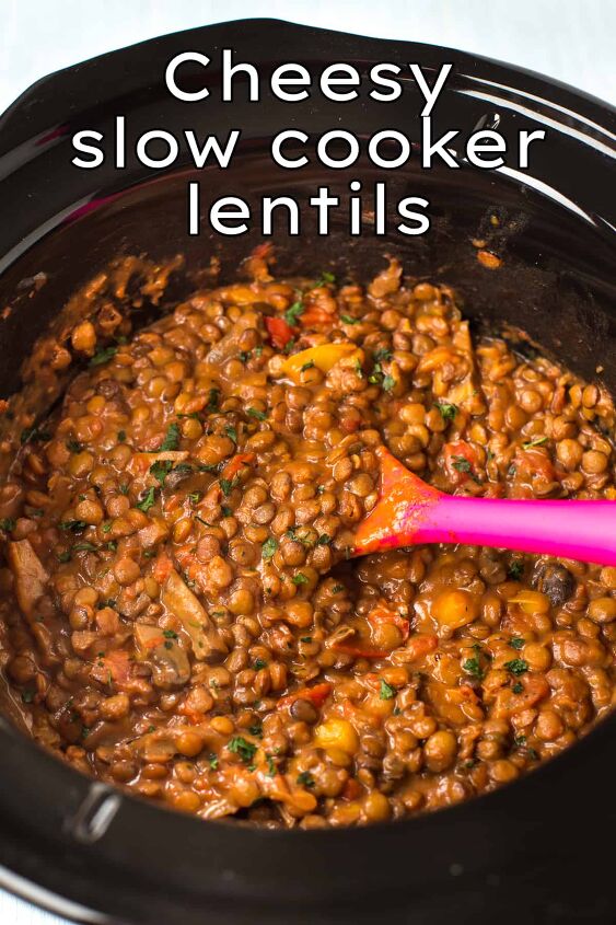 s 12 easy dump and go crockpot slow cooker recipes, Cheesy Slow Cooker Lentils