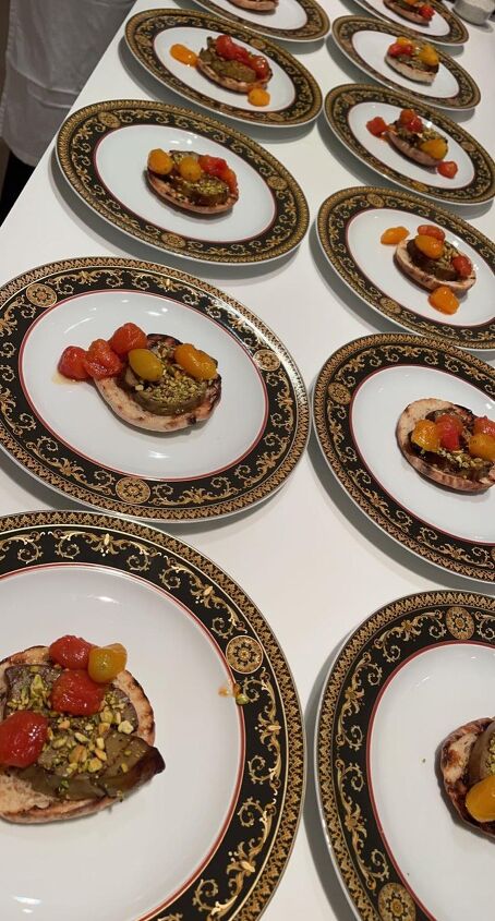 grilled goose liver on pita with tomato jam and pistachios