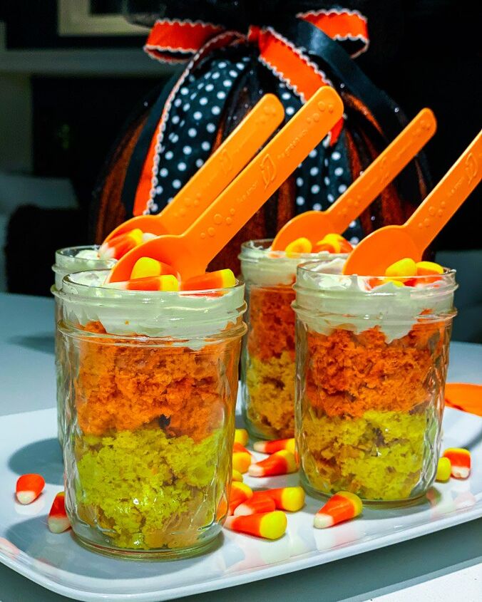 s 12 haunting halloween treats that your kids will love, Baked Candy Corn Jars