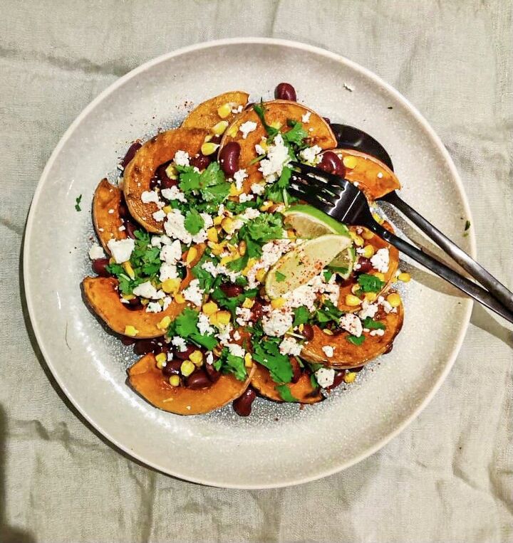 mexican squash salad with charred corn beans lime feta