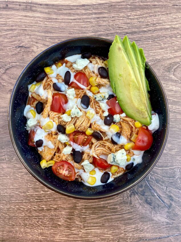 buffalo chicken bowl happy honey kitchen, Buffalo Chicken Bowl topped with black beans corn tomatoes avocado slices ranch dressing and blue cheese