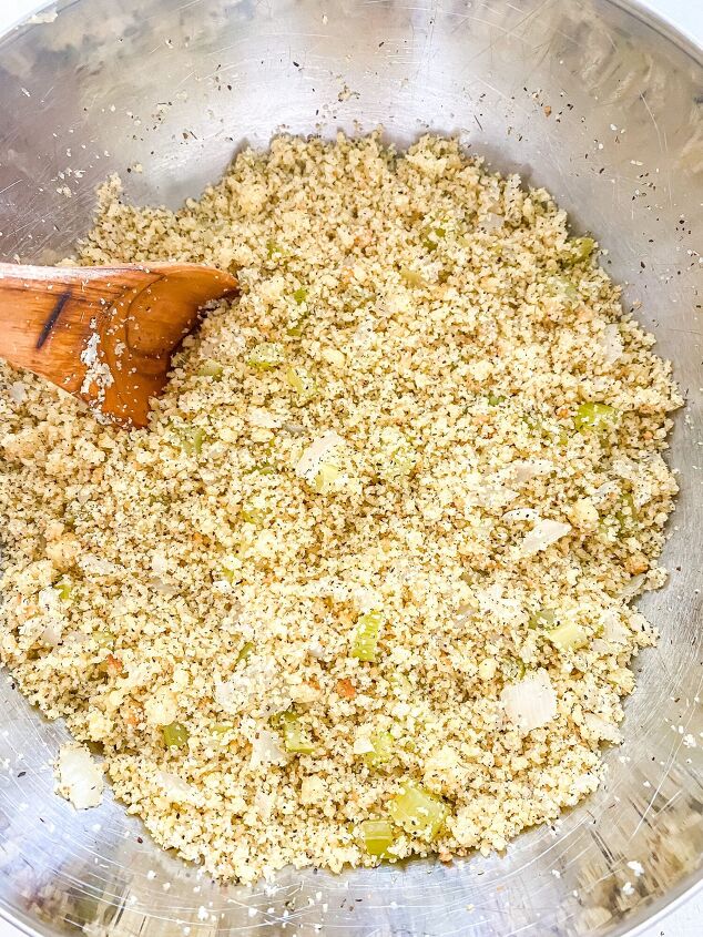 , Cornbread crumbs with sauteed onions and celery