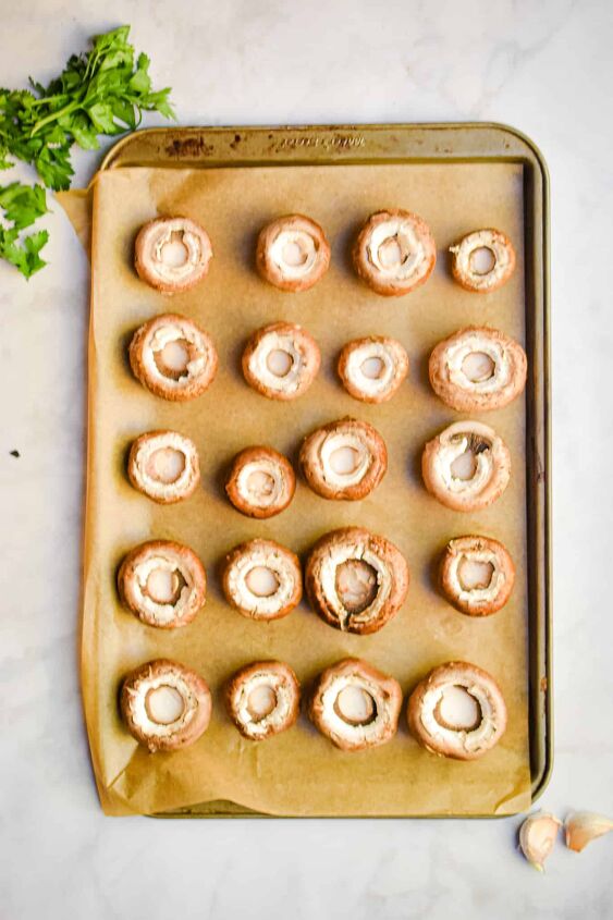 italian stuffed mushrooms easy appetizer, Place the mushrooms on a parchment lined baking sheet