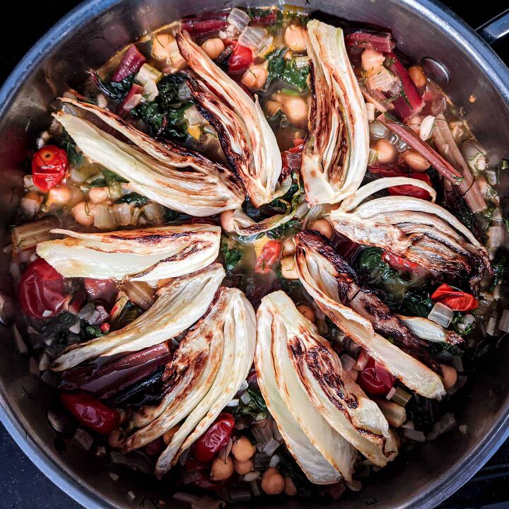 caramelized fennel swiss chard and chickpea stew, Arrange the fennel wedges on top for a pretty presentation