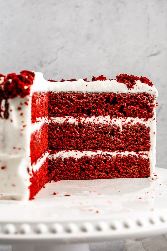 festive red velvet layer cake with peppermint cream cheese frosting