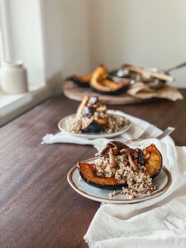 herb roasted acorn squash with quinoa and buttery mushrooms