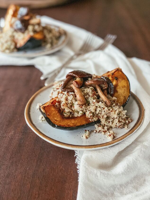 herb roasted acorn squash with quinoa and buttery mushrooms
