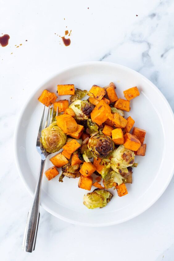 s 10 healthy delicious recipes that turn sweet potato into a main dish, Roasted Brussel Sprouts and Sweet Potato