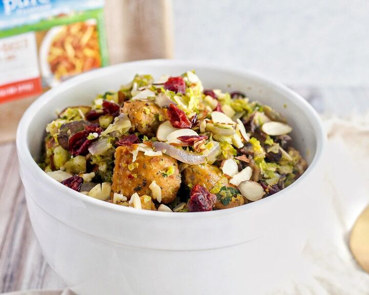 brussels sprout salad with plant based sausage and autumn flavors