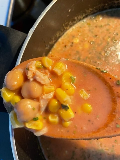 cheesy chicken enchilada soup with corn garbanzo beans