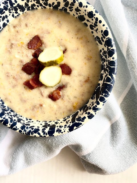 12 easy dump and go crockpot slow cooker recipes, Crockpot Dill Pickle Bacon Cheeseburger Soup