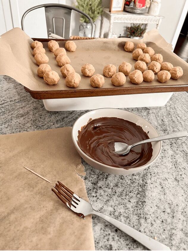 easy peanut butter balls, I place the balls on a baking sheet lined with parchment paper and refrigerate them before dipping them into the chocolate