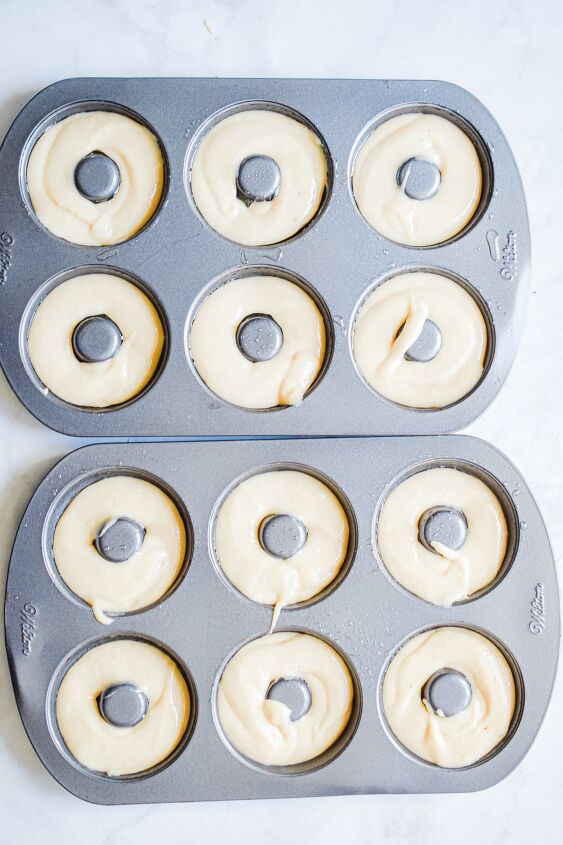 baked eggnog donuts with an eggnog glaze, Add the batter to the donut pan