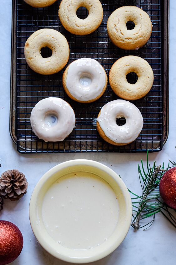 baked eggnog donuts with an eggnog glaze, Dip in the eggnog glaze