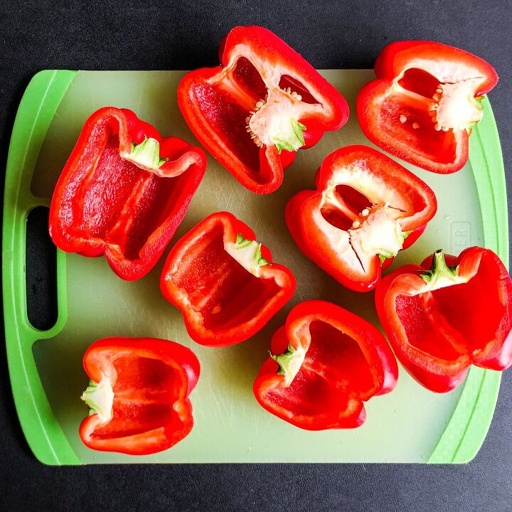 lasagna stuffed peppers, Slice peppers in half and remove the ribs and seeds
