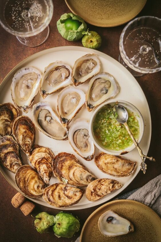 oysters on the half shell with fresh tomatillo mignonette, Oyster on the half shell raw and exactly what it sounds like is my favourite way to eat them
