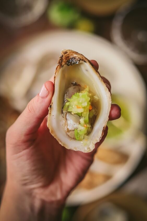 oysters on the half shell with fresh tomatillo mignonette