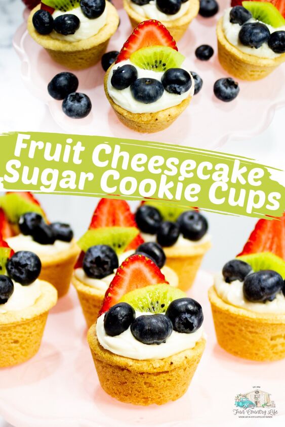 fruit cheesecake sugar cookie cups, Cookie cups made with sugar cookie mix and topped with cheesecake and fruit