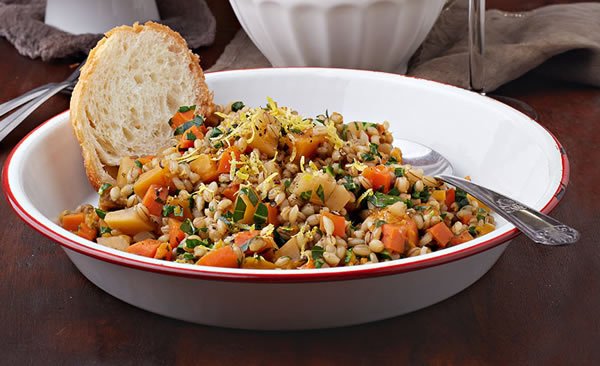 slow cooker root veggie barley risotto, Photo by Kate Lewis