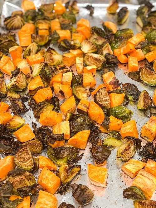 maple roasted brussels sprouts and sweet potato salad