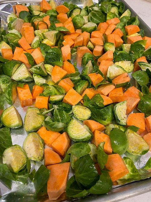 maple roasted brussels sprouts and sweet potato salad