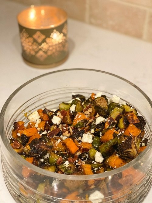 maple roasted brussels sprouts and sweet potato salad