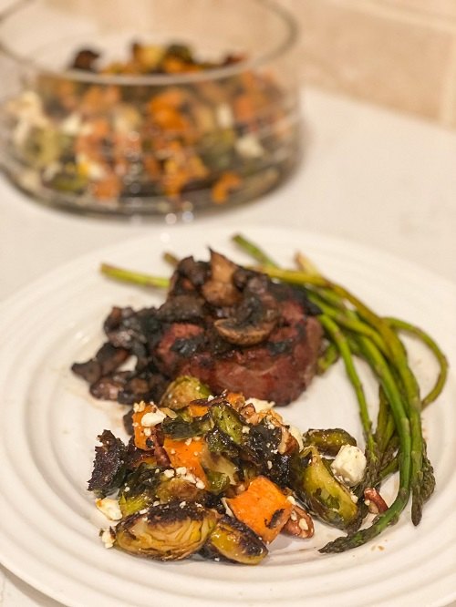 maple roasted brussels sprouts and sweet potato salad