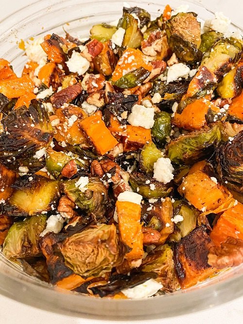 maple roasted brussels sprouts and sweet potato salad