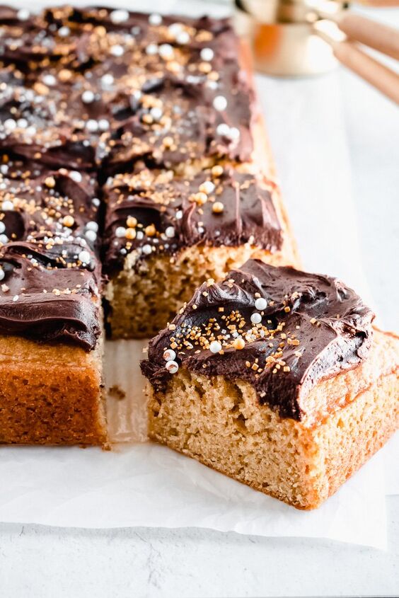 peanut butter sheet cake with dark chocolate frosting