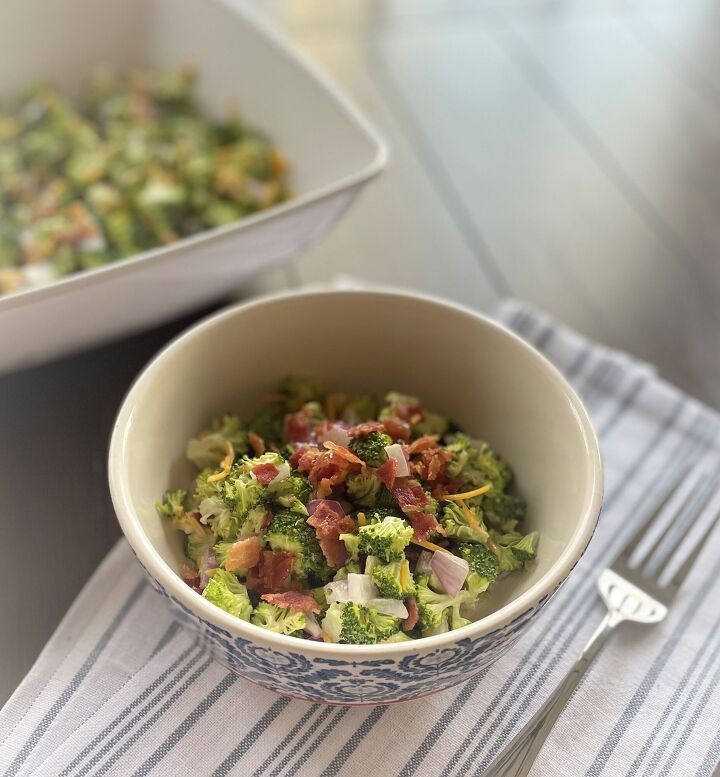 broccoli confetti salad, Crisp nutritious broccoli combined with red onions bacon and cheese absolutely delicious and a great way to eat your veggies