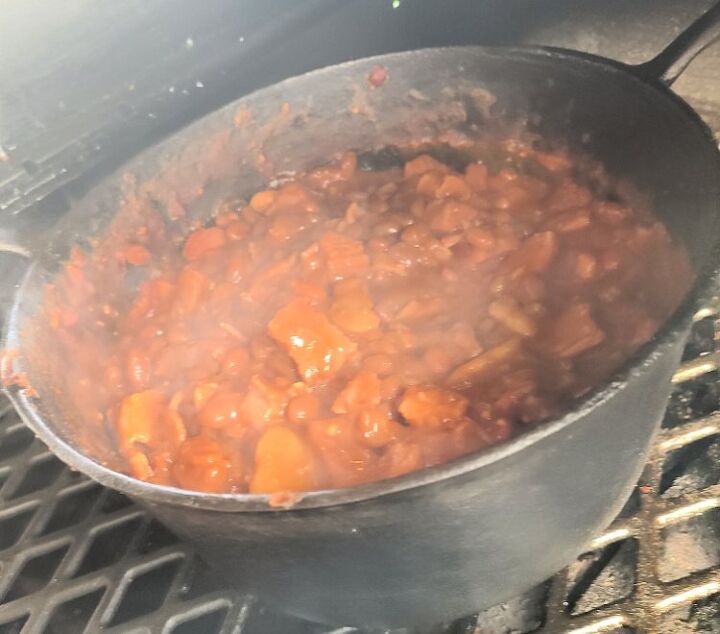 smoked brisket baked beans recipe in a dutch oven