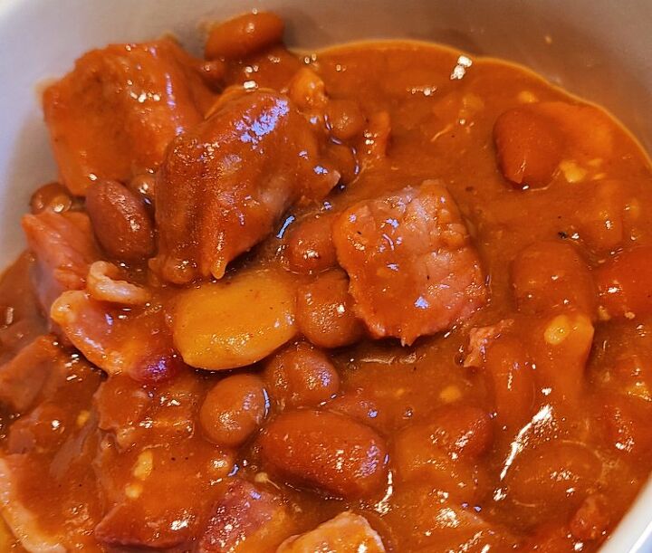 smoked brisket baked beans recipe in a dutch oven